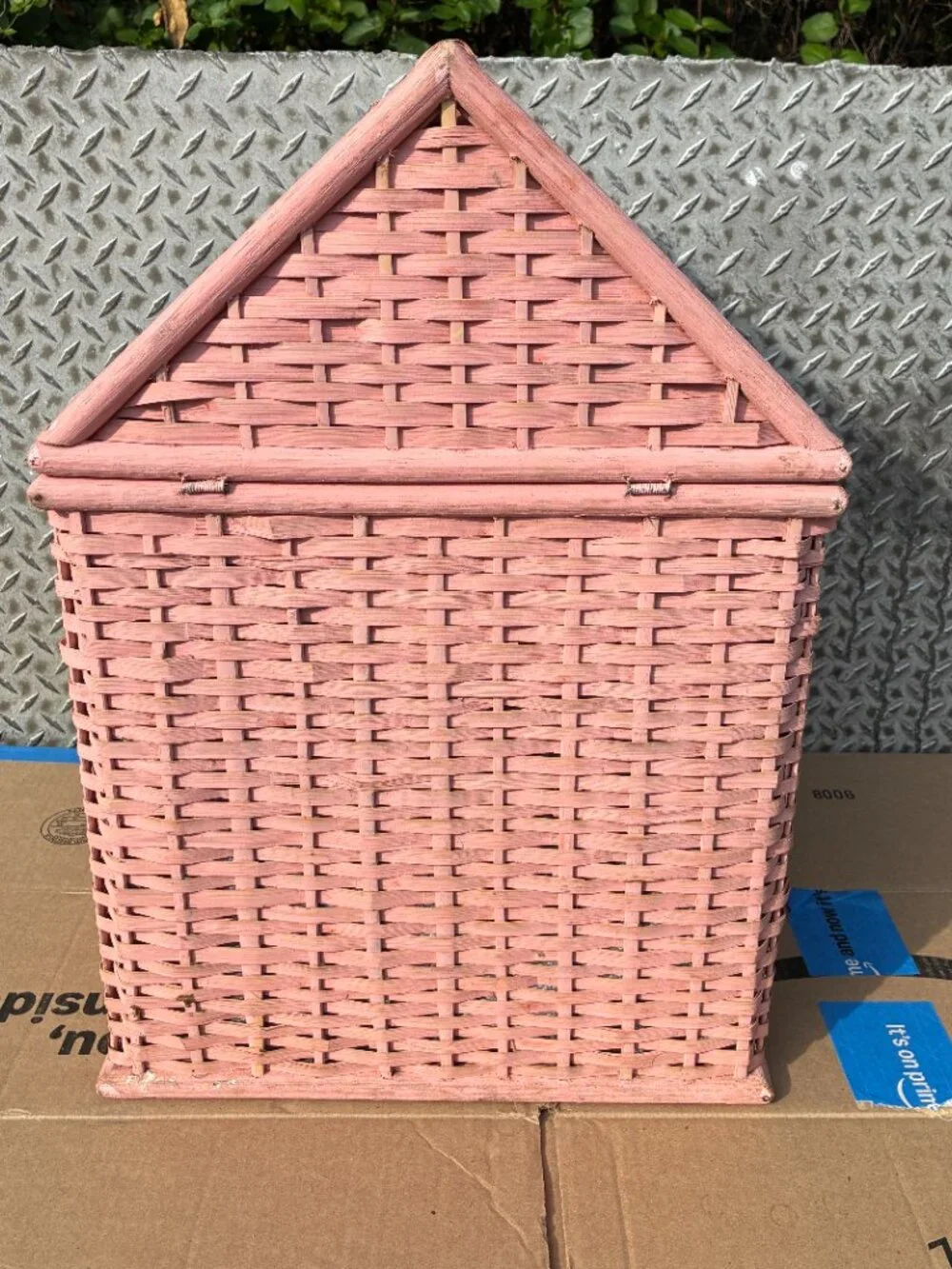 Vintage Pink Wicker House Hamper Basket Toy Storage Dollhouse Madeline Style
